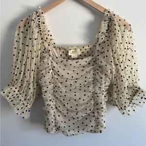 Maeve cream and black polka dot mesh feminine top